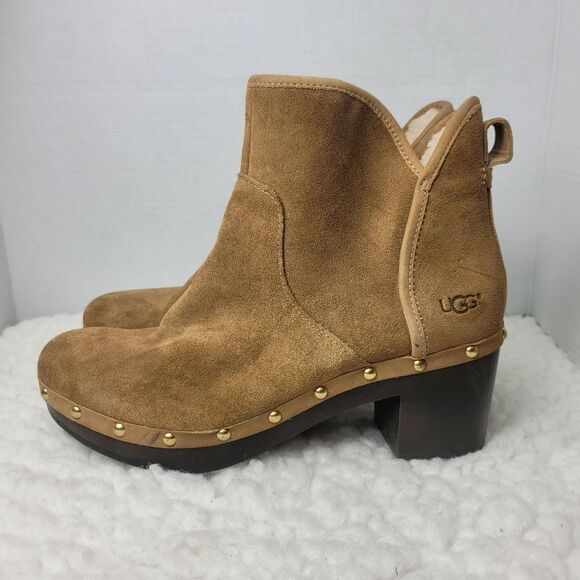 UGG Cam 2 Chestnut Ankle Heel Boots Womens Size 9 Suede Sheepskin Chunky Zip - Picture 3 of 8